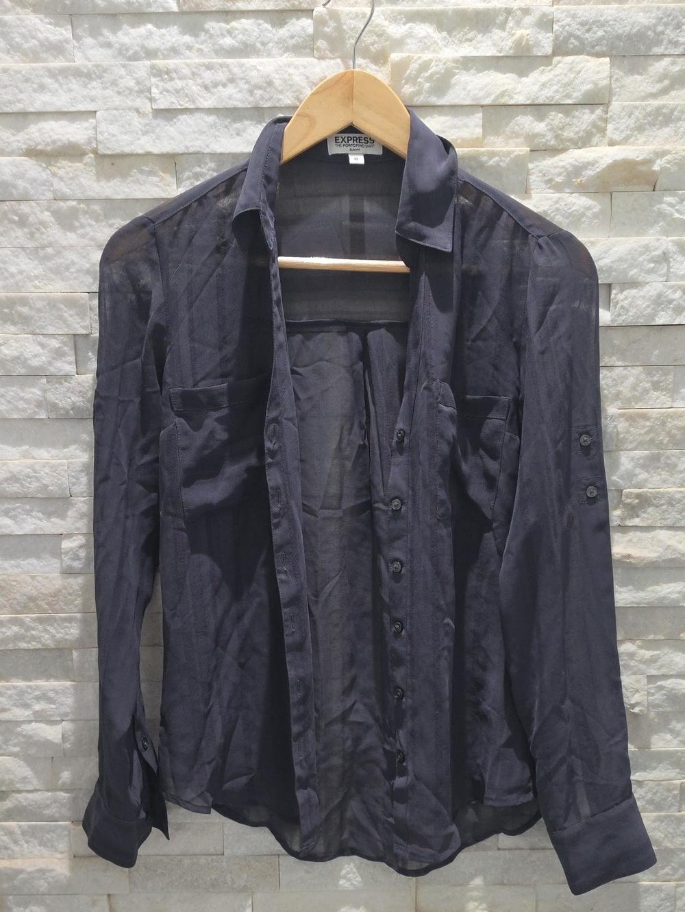 Express Women's Sheer Long-Sleeve Button Down Shirt in Black